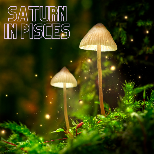Mushrooms illuminated by a glow or fireflies at night with Saturn in Pisces at the text.